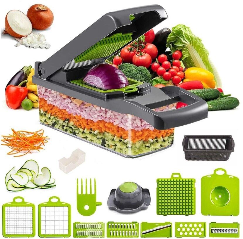 Vegetable cutter with different types of vegetables and blades.