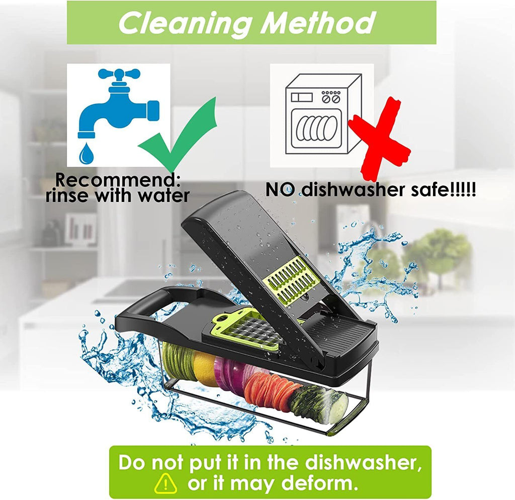 Vegetable cutter and cleaning instructions.