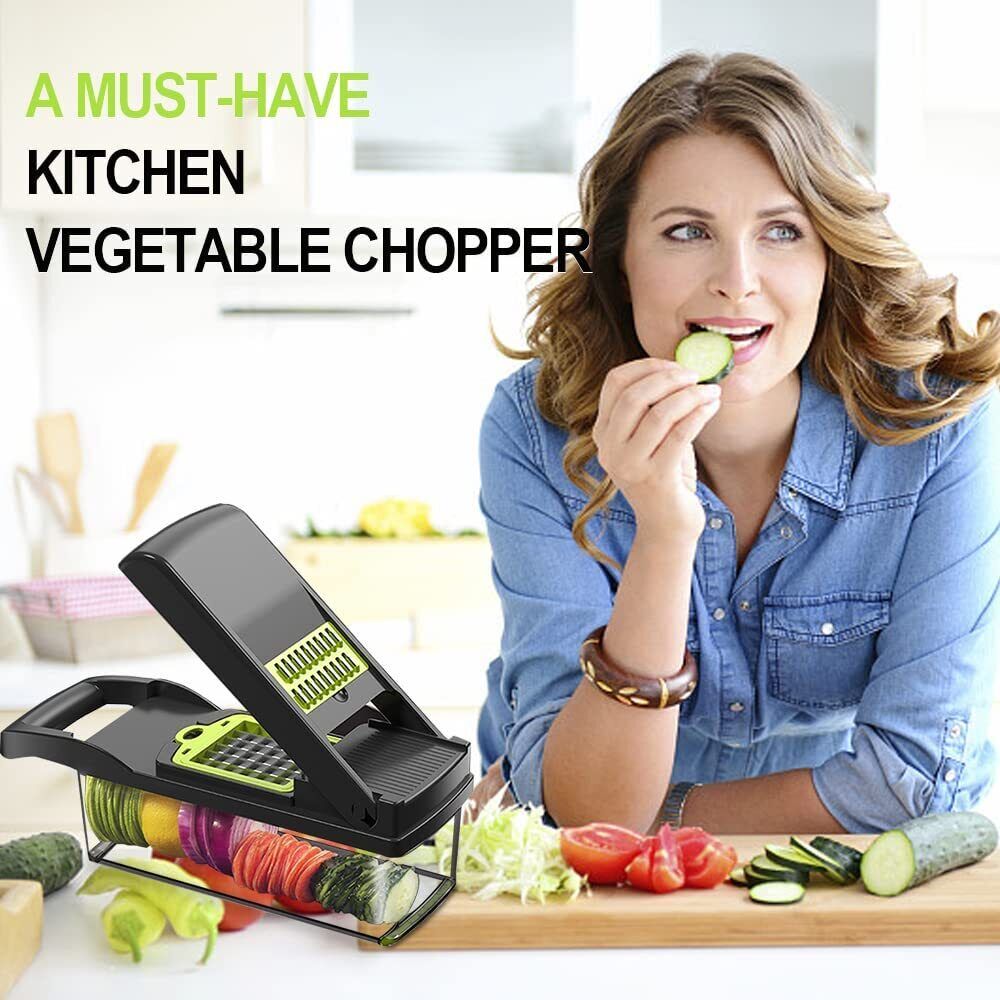 Woman eating sliced vegetable and a vegetable cutter with different types of vegetables.