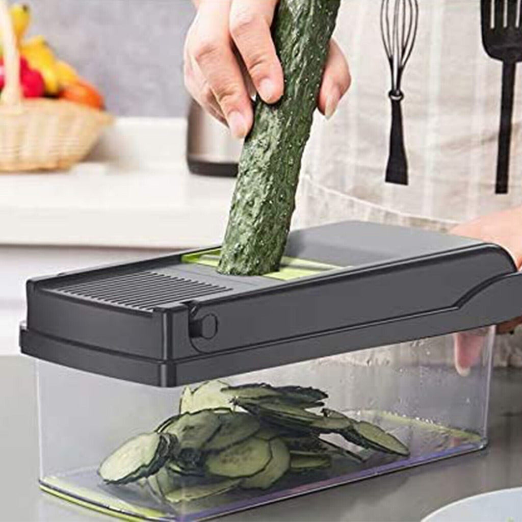 Vegetable being cut using a vegetable cutter.