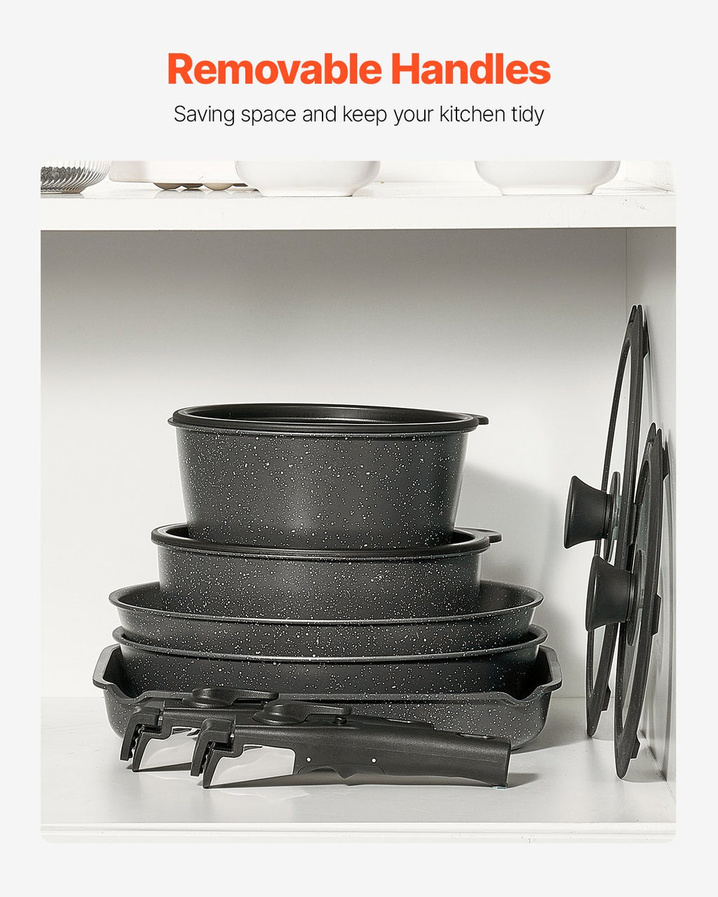 17 Piece Pots And Pans Set Granite Nonstick Kitchen Cookware Induction Black