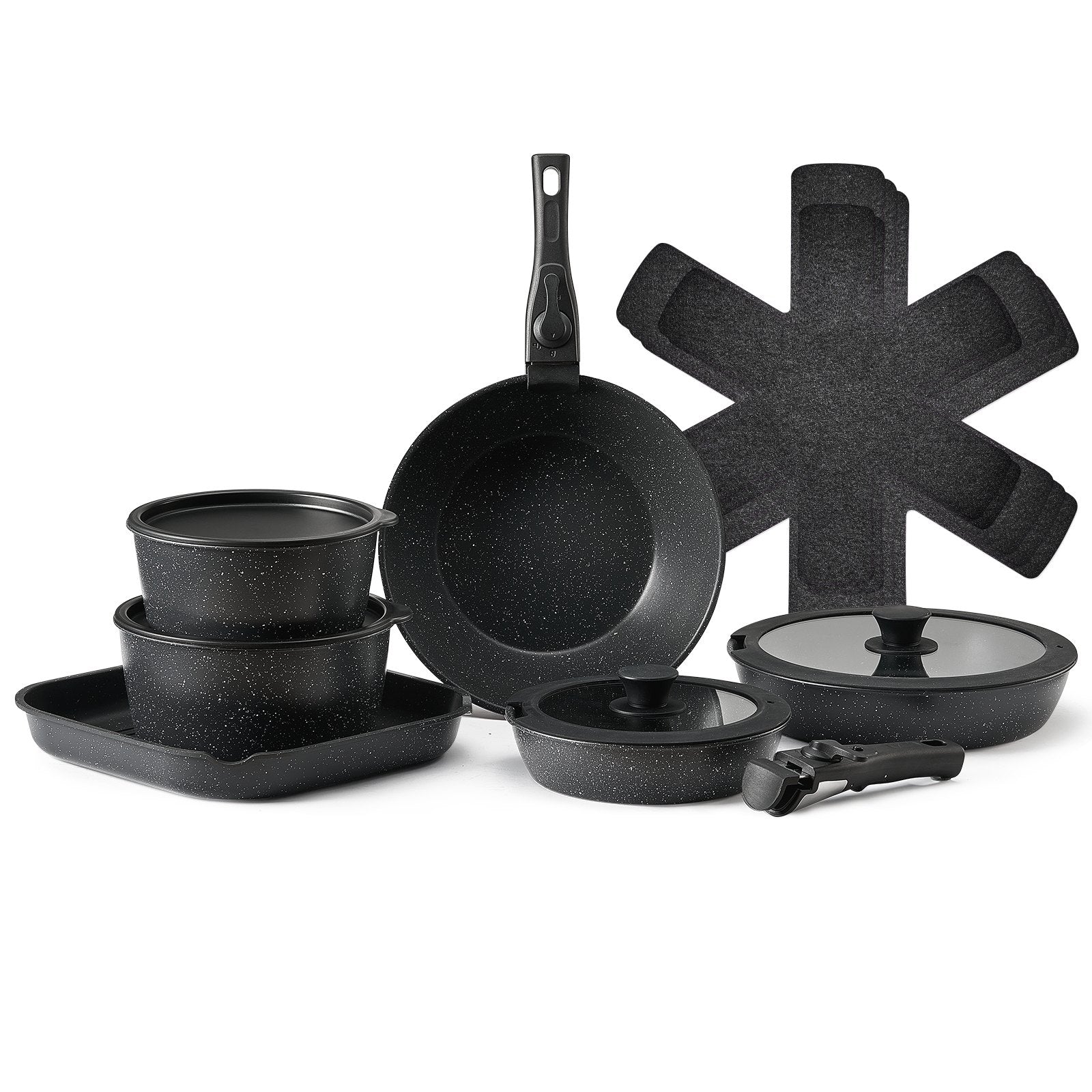 17 Piece Pots And Pans Set Granite Nonstick Kitchen Cookware Induction Black