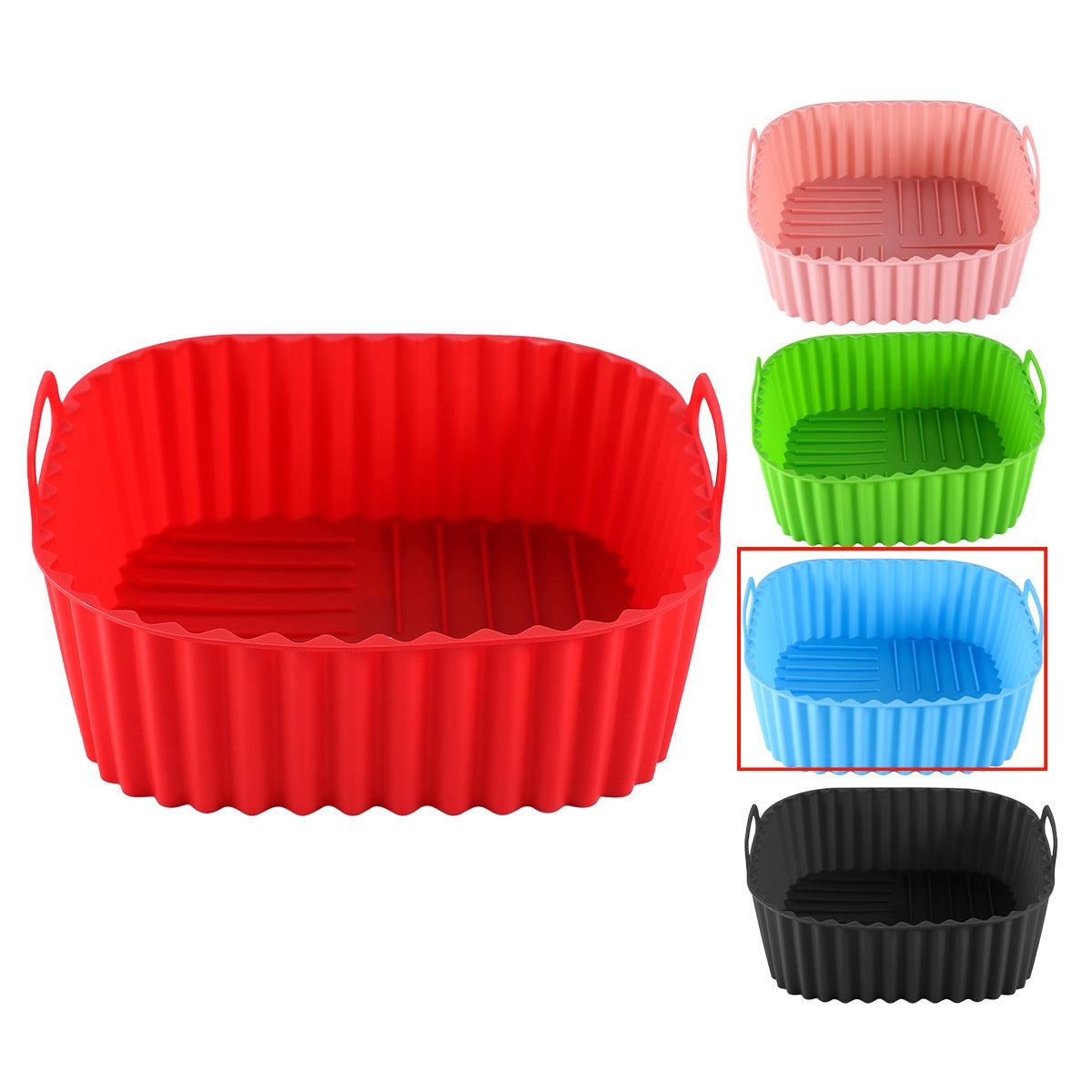 Five air fryer trays in different colors.