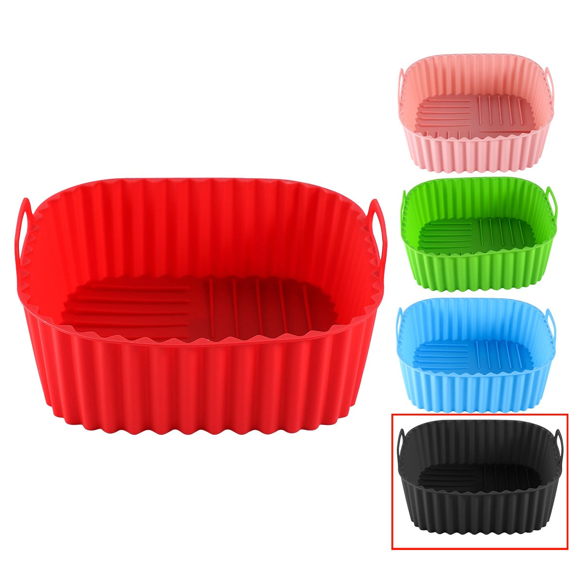 Five air fryer trays in different colors.