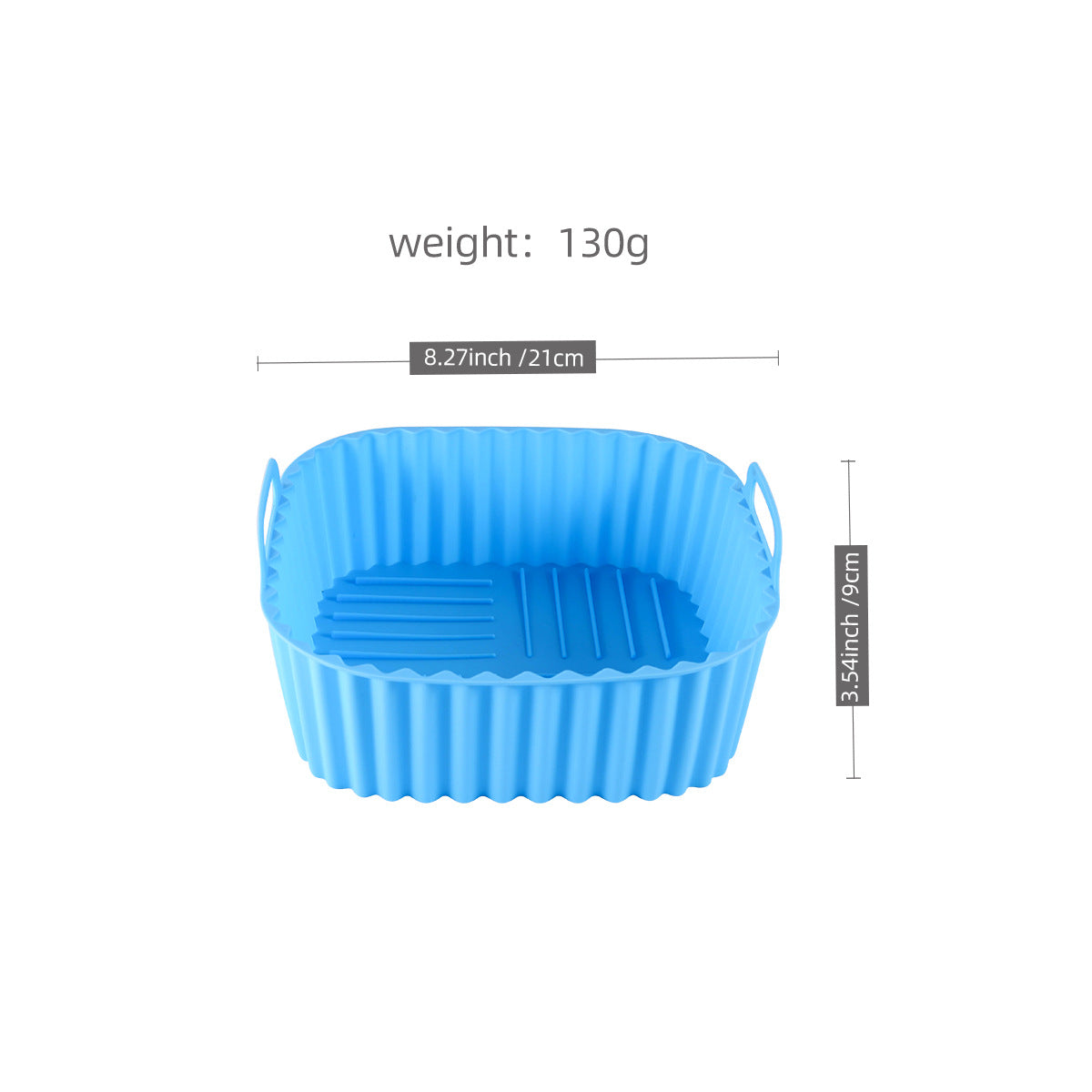 Blue air fryer tray showing dimensions.