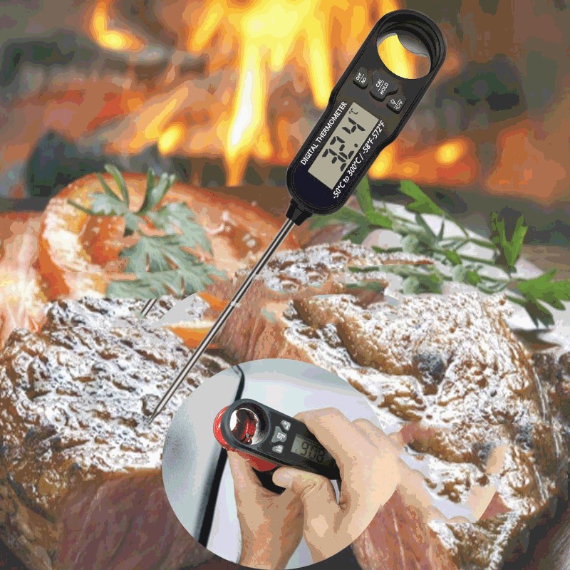Meat thermometer with probe inserted in meat.