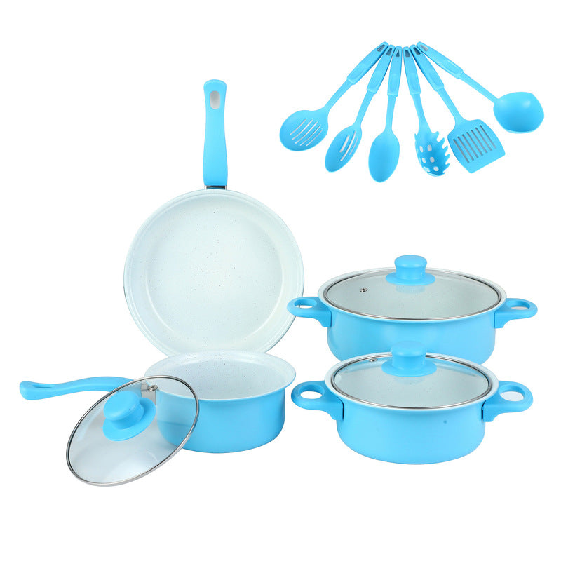 Light Blue Maifan stone 13 piece cookware set and cooking utensils.