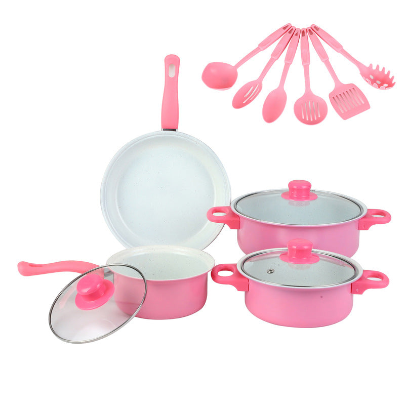 Pink  Maifan stone 13 piece cookware set and cooking utensils.