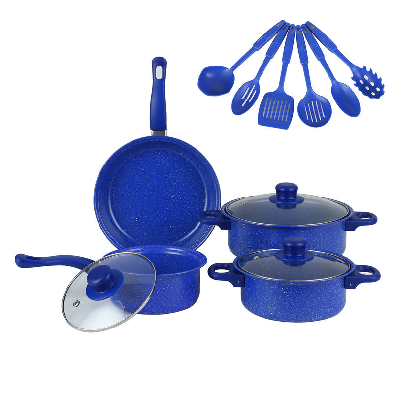 Blue Maifan stone 13 piece cookware set and cooking utensils.