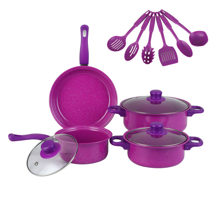 Purple Maifan stone 13 piece cookware set and cooking utensils.