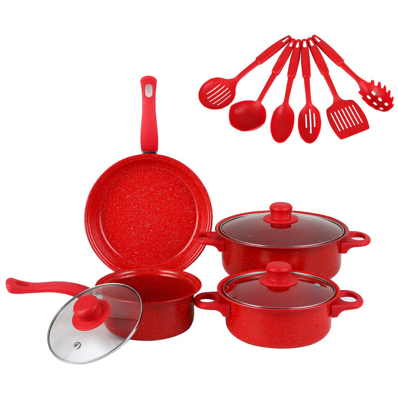 Red Maifan stone 13 piece cookware set and cooking utensils.