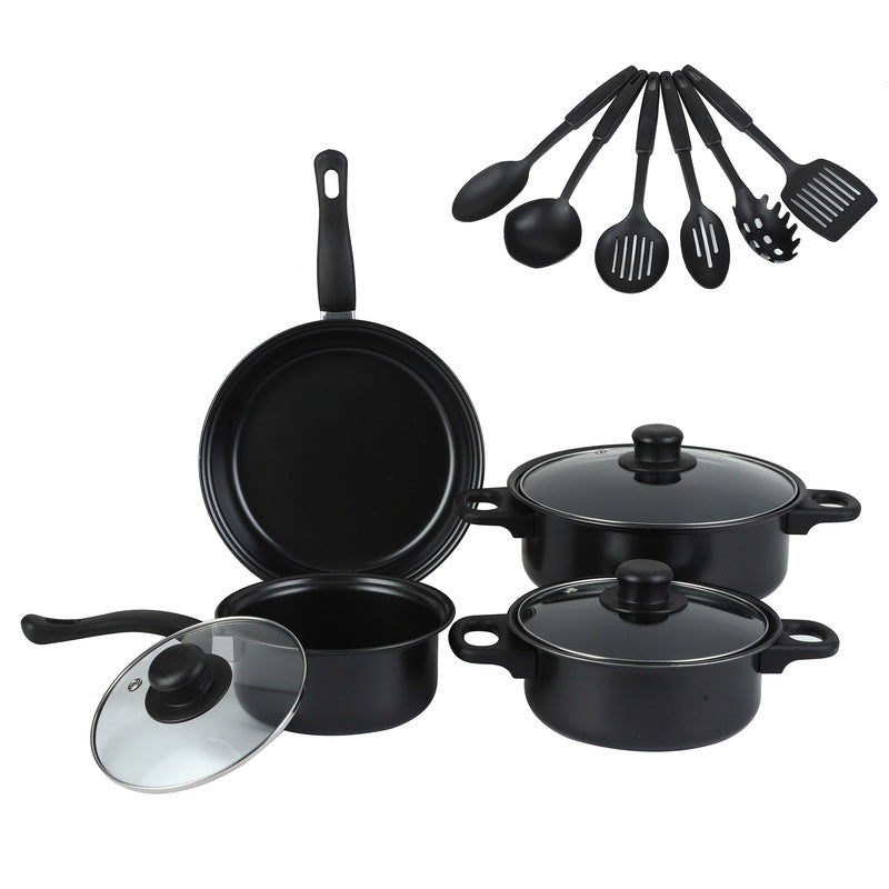 Black Maifan stone 13 piece cookware set and cooking utensils.