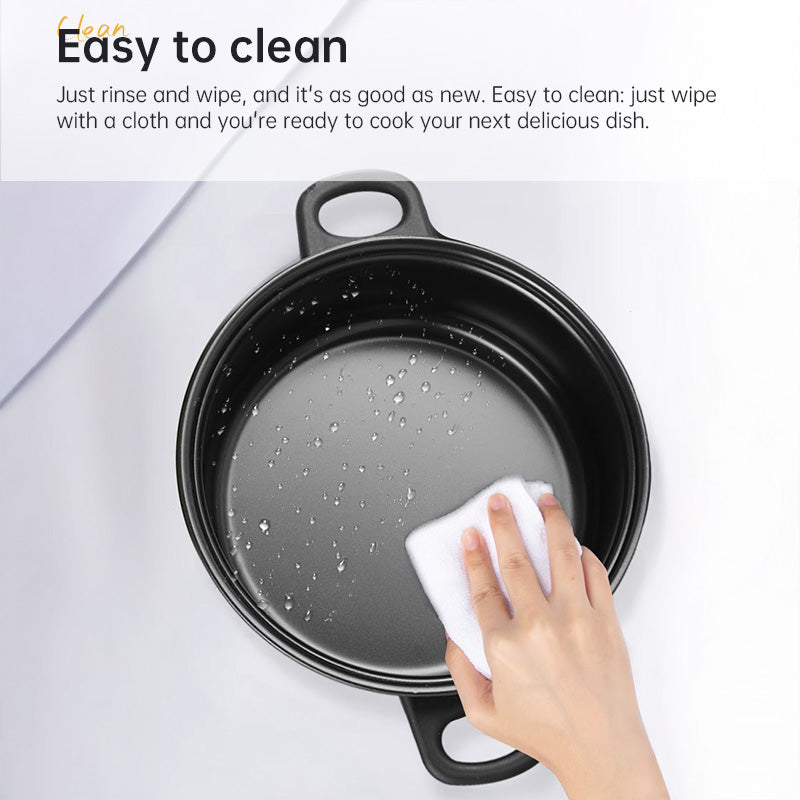 Demonstrating easy cleaning of black pot.
