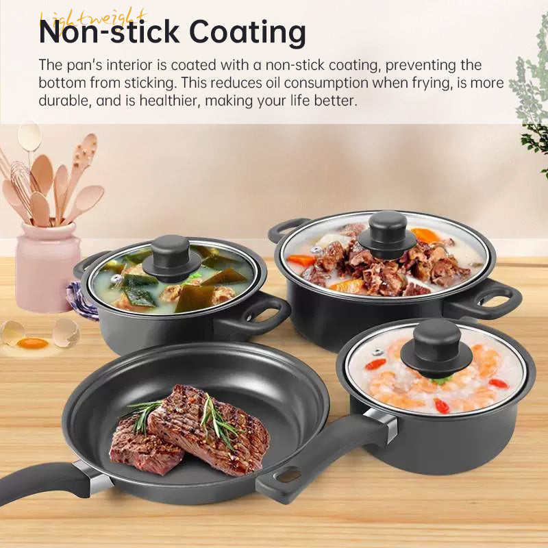 Pots with glass lids and a pan with meat inside. 