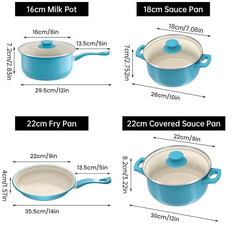 Different sizes of blue cooking pots and a pan showing dimensions.