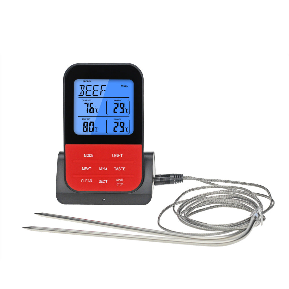 Digital meat thermometer with two metal probes.
