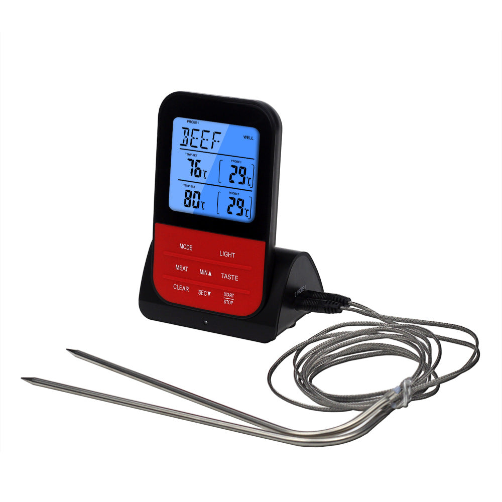 Digital meat thermometer on a stand with two probes.
