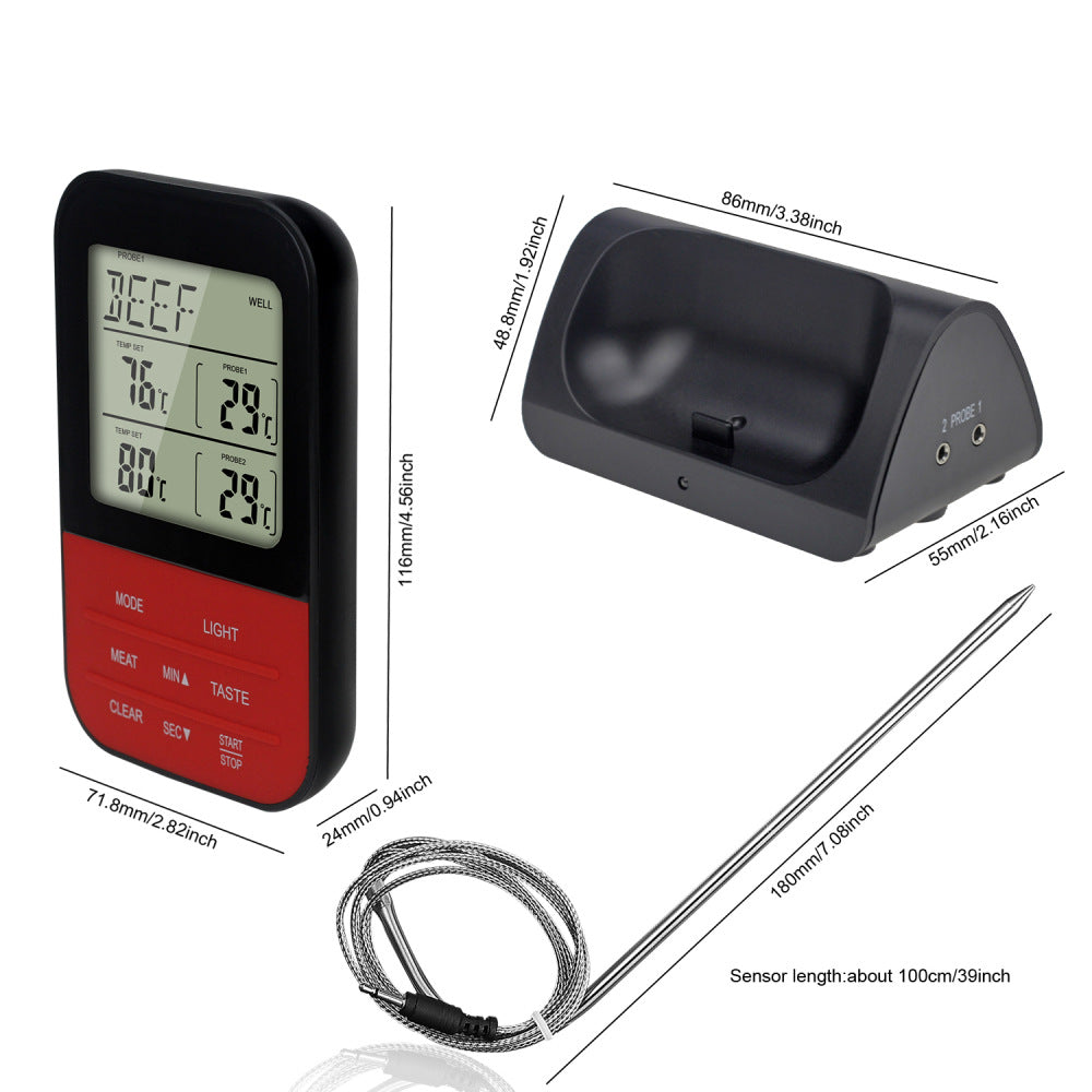 Digital meat thermometer, stand and probe showing dimensions.