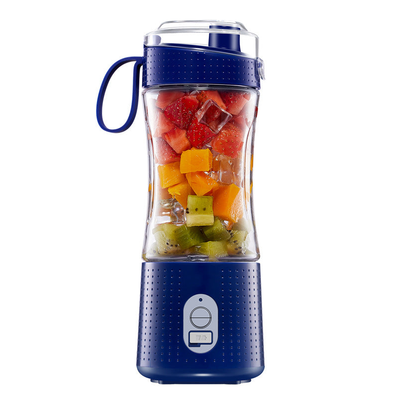 Purple portable blender with fruits.