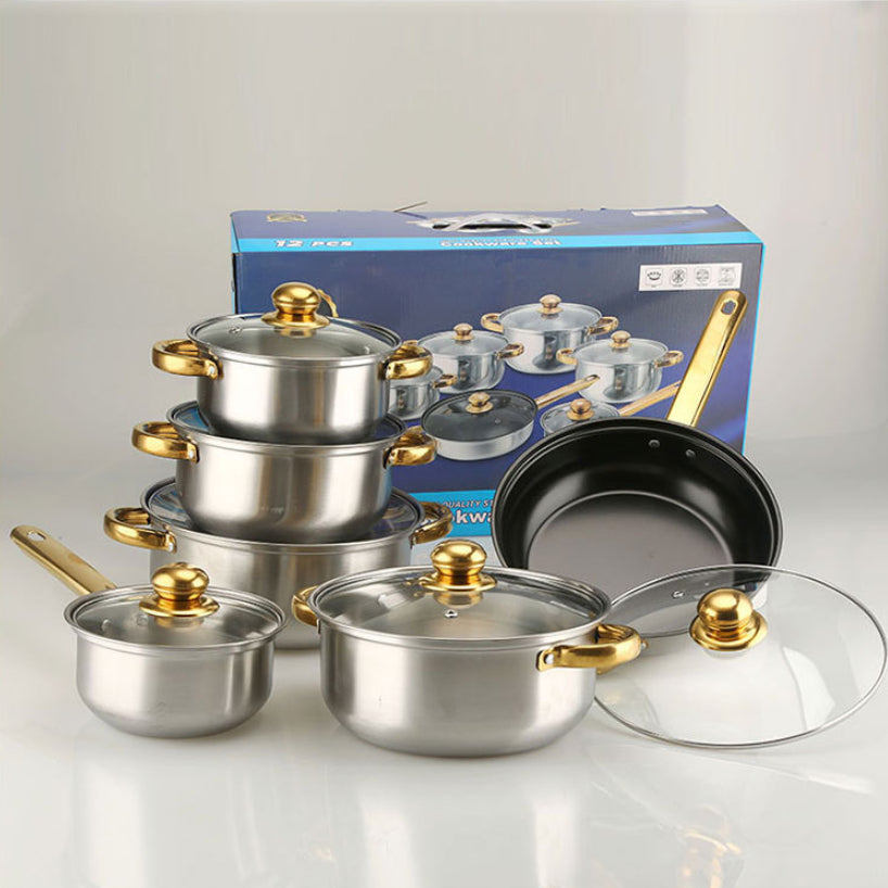 Stainless Steel Gold Handle Pot Set – Non-Stick Pan & Pot Suite for Effortless Cooking