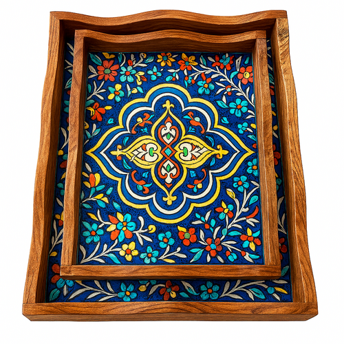Handcrafted Wooden Trays – Floral Design, Set of 2