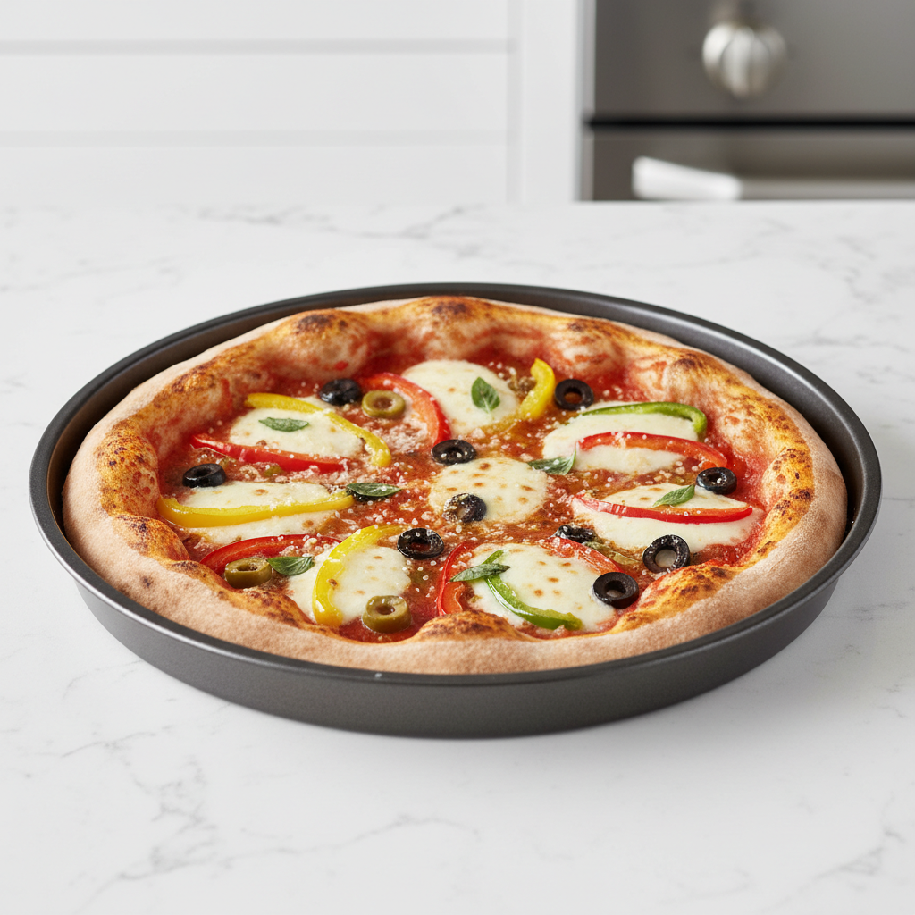 A round black pizza pan holding a freshly baked pizza topped with mozzarella, red peppers, yellow peppers, green peppers, and black olives, set on a white marble countertop with a blurred kitchen background.